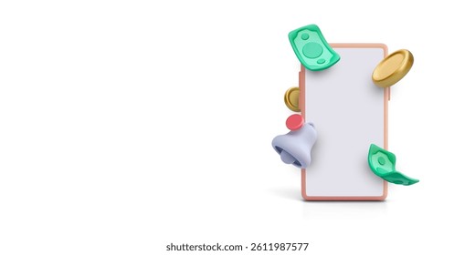 Finance Notification On Mobile Phone With Bell Icon, Cash, And Coins. Online Banking, Budget Alert, Or Digital Wallet Reminder Concept In 3D Cartoon Style. Vector Illustration.