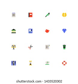 Finance and office work - colorful material design icons set on white background. Images of notepad, pencil, brain, bank building, atm, crystal, scales, scissors, coffee, folders, hourglass, life ring
