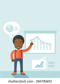 A finance officer with his presentation that shows in a graph the arrow from top going down. A contemporary style with pastel palette soft blue tinted background. Vector flat design illustration