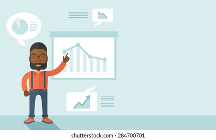 Un funcionario de finanzas con su presentación que muestra en un gráfico la flecha desde arriba hacia abajo. Un estilo contemporáneo con una paleta pastel y un fondo de tonos azules. Ilustración de diseño plano del vector