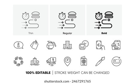 Finance, Organic tested and Coffeepot line icons. Pack of Renew card, Food order, Apartment insurance icon. Metro, Passport, Parking pictogram. Information, Food delivery, Brush. Line icons. Vector