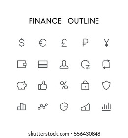 Finance outline icon set - dollar, euro, pound, ruble, yen, wallet, credit card, exchange, lock, shield, statistics, graph and others simple vector symbols. Bank, money and currency signs.