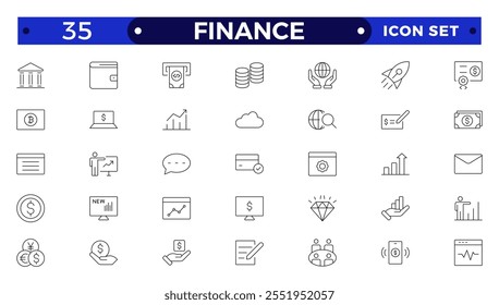 Finance outline icon set with money, bank, check, law, auction, exchange, payment, wallet, deposit, calculator, Business, Profit, Investment, Bank,  web icon.
