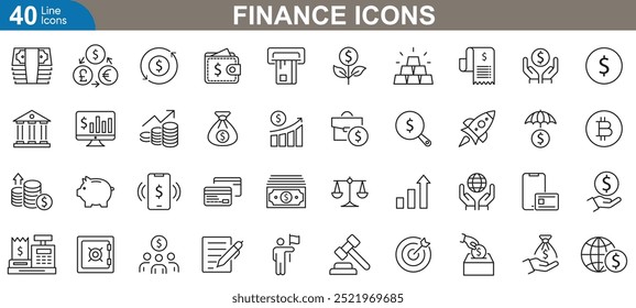 Definição de ícones da estrutura de tópicos de finanças. Dólar, crédito, banco, calculadora, carteira. gráfico, mercado de ações, pilha de moedas e muito mais. ilustrador vetorial.