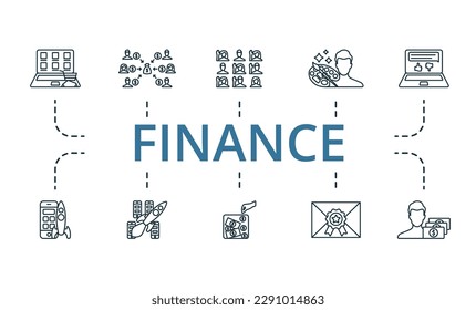 Finance outline set. Creative icons: marketplace, crowdfunding, social participation, creator, feedback, pre-release, launch, fundraising, rewards, backer.