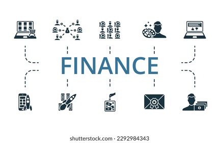 Finance outline set. Creative icons: marketplace, crowdfunding, social participation, creator, feedback, pre-release, launch, fundraising, rewards, backer.