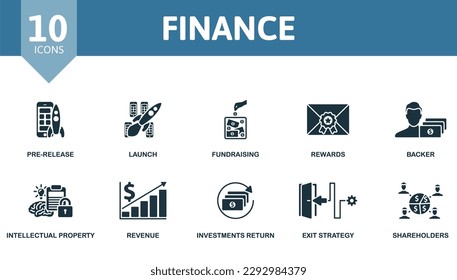 Finance outline set. Creative icons: pre-release, launch, fundraising, rewards, backer, intellectual property, revenue, investments return, exit strategy, shareholders.