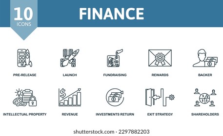 Finance outline set. Creative icons: pre-release, launch, fundraising, rewards, backer, intellectual property, revenue, investments return, exit strategy, shareholders.