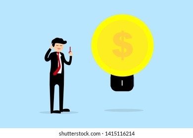 Finance password unlock concept. Businessman standing and hand holding the key with dollar coin lamp. Vector flat design.