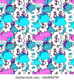 Finance pattern on white, black and blue background. American Dollar The king of currencies. Icon gold coin dollar. Seamless pattern business pattern. Vector illustration.