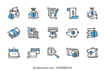 Finanças e pagamento doodle mão desenhar ícones conjunto. Estilo de desenho moderno de operações de dinheiro: câmbio de moeda, poupança, operações, cartões de banco ícones isolados em branco, ilustração vetorial
