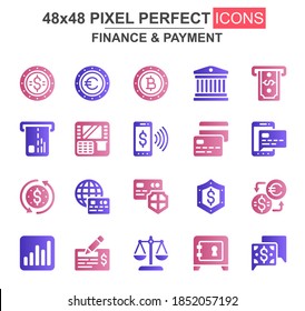 Finance and payment glyph icon set. Bank, currency, deposit, credit card, security, exchange, mobile wallet unique icons. Flat vector bundle for UI UX design. 48x48 pixel perfect GUI pictograms pack.