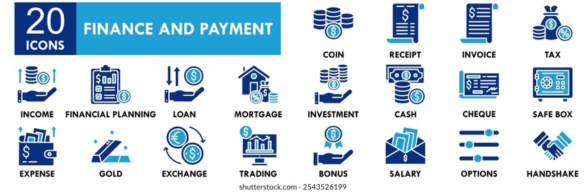 Conjunto de coleta de ícones Finanças e Pagamento. Contendo financiamento de design, pagamento, negócios, dinheiro, crédito, financeiro