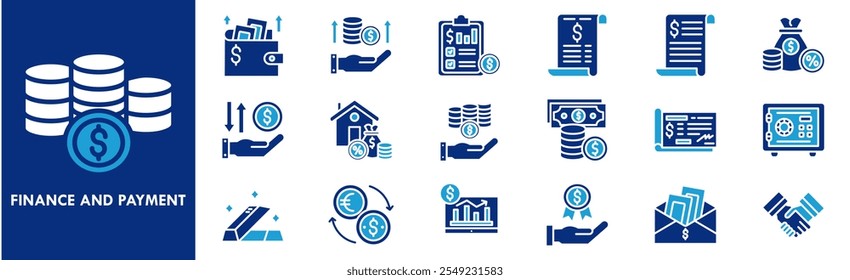 Conjunto de coleta de ícones Finanças e Pagamento. Contendo financiamento de design, pagamento, negócios, dinheiro, crédito, financeiro