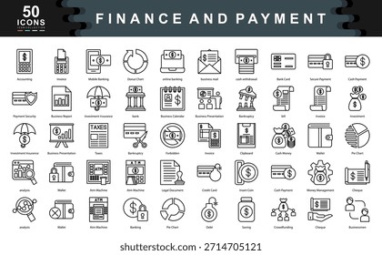 El conjunto de iconos de Finanzas y Pagos define los principales impulsores de la gestión financiera, como la seguridad, la contabilidad y la inversión, ideal para la elaboración de presupuestos, las soluciones de tecnología financiera y los sistemas de pago.