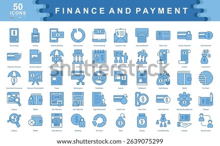 The Finance and Payment icon set defines key drivers of financial management such as security, accounting, and investment, ideal for budgeting, fintech solutions, and payment systems.