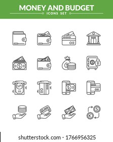Juego de iconos de finanzas y pago, paquete de pictogramas lineal nuevo y de moda. concepto de icono de vector moderno.