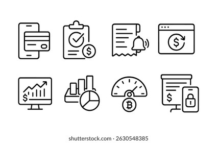 Finanças, conjunto de ícones de pagamento - esboço, banco, orçamento, símbolos de investimento