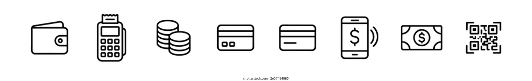 Finance and payment icon set. wallet, mobile, money symbols in outline style