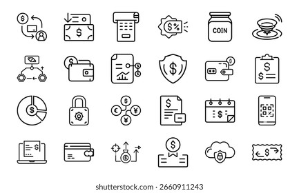 Finance and Payment Line Icon Set 24 Minimal Vector Icons for Wallet, Budget, Coins, Charts, Secure Payment, and Online Banking UI Design