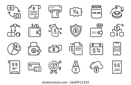 Conjunto de ícones de linha de finanças e pagamento 24 ícones de vetor mínimos para design de UI de carteira, orçamento, moedas, gráficos, pagamento seguro e banco on-line