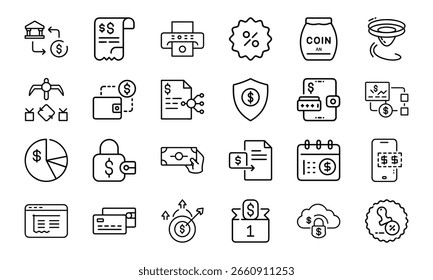 Conjunto de ícones de linha de finanças e pagamento 24 ícones de vetor mínimos para design de UI de carteira, orçamento, moedas, gráficos, pagamento seguro e banco on-line