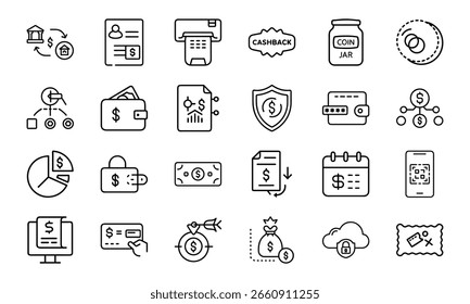 Conjunto de ícones de linha de finanças e pagamento 24 ícones de vetor mínimos para design de UI de carteira, orçamento, moedas, gráficos, pagamento seguro e banco on-line