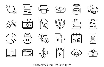Finanz- und Zahlungslinien-Symbolsatz 24 minimale Vektorsymbole für Brieftasche, Budget, Münzen, Diagramme, sichere Zahlung und Online-Banking UI-Design