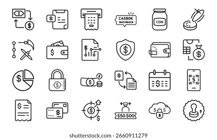 Conjunto de ícones de linha de finanças e pagamento 24 ícones de vetor mínimos para design de UI de carteira, orçamento, moedas, gráficos, pagamento seguro e banco on-line