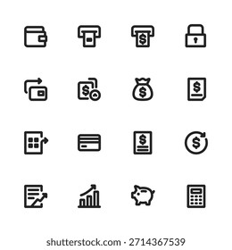 Finance and payment line icon set featuring wallet, ATM, cash withdrawal, secure payment, money transfer, invoice, credit card, calculator, piggy bank, financial growth and analytics icons.
Ideal for 