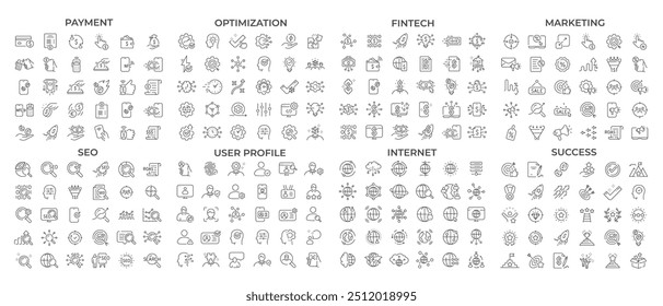 Finanças, pagamento, marketing, seo, internet, otimização, sucesso, perfil do usuário relacionado ícones conjunto. Traçado editável