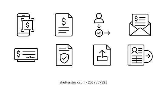 Finance and payment outline icon set. seamless transactions and invoices