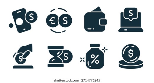 Finanz- und Zahlungssysteme ausgezeichnete Ikonensammlung. Set aus mobiler Bezahlung, Geldwechsel, Geldbörse, Online-Banking, Rückerstattung, Ersparnis, Zinsen und Münzsymbolen