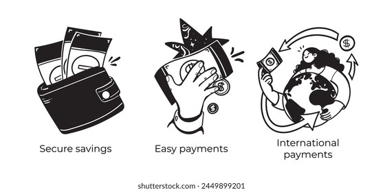 Finance and Payment Technology und Money Transfer Concept - Set von Business Concept Abbildungen. Visuelle Geschichten Kollektion.