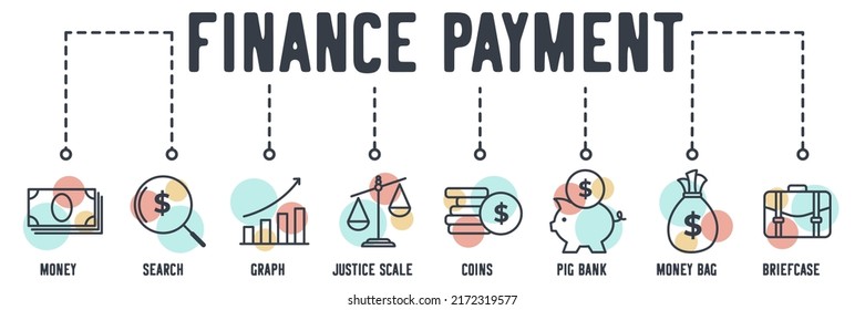 Finance Payment web icon. money, search, graph, justice scale, coins, pig bank, money bag, briefcase vector illustration concept.