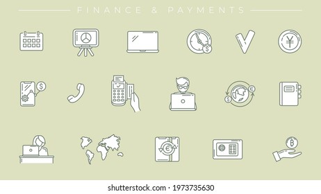 Finance and Payments concept line style vector icons set.