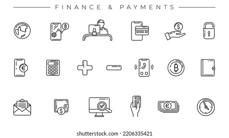 Finance and Payments concept line style vector icons set.