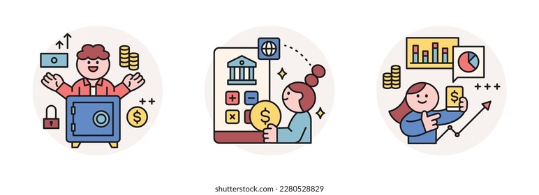 Finance and people, accounts for household economic growth, investment plan management. Vault, mobile banking, financial data. Vector illustration.