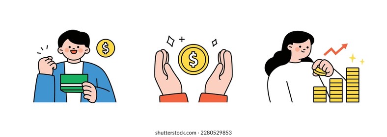 Finance and people, accounts for household economic growth, investment plan management. youth account. Pile up coins. Vector illustration.