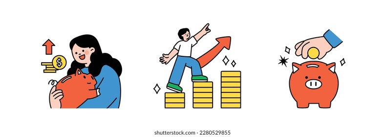 Finance and people, accounts for household economic growth, investment plan management. piggy bank and stairs. Vector illustration.