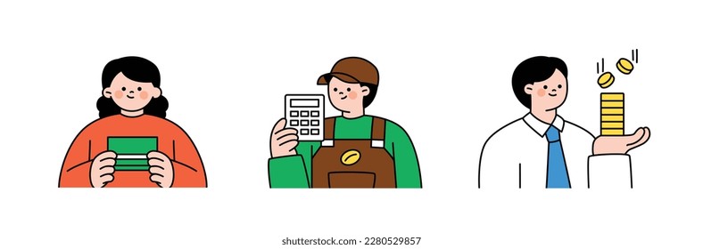 Finance and people, accounts for household economic growth, investment plan management. Workers are holding bankbooks, calculators and coins. Vector illustration.