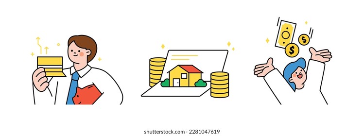 Finance and people, accounts for household economic growth, investment plan management. Passbook, real estate, assets, hurray. Vector illustration.