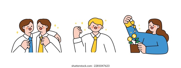 Finance and people, accounts for household economic growth, investment plan management. Colleagues, cheering, money tree. Vector illustration.