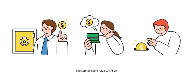 Finance and people, accounts for household economic growth, investment plan management. Safe deposit box, bankbook, put money. Vector illustration.