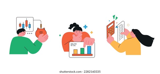 Finance and people, accounts for household economic growth, investment plan management. Data, planning, account book. Vector illustration.