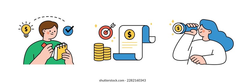 Finance and people, accounts for household economic growth, investment plan management. Plan, goal, search. Vector illustration.