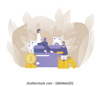 Finance. People do their money and savings. Vector illustration with Web communication idea for telework, remote working, social media