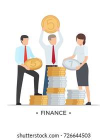 Finance people holding three golden and silver coins, and pile of coppers beside them vector illustration isolated on white background