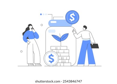 Finance. People Making Savings. Collecting and saving money in glass jar earning concept. Investment and Finance Management Concept. Flat Cartoon Vector Illustration, icon. Stylish, Minimalist 