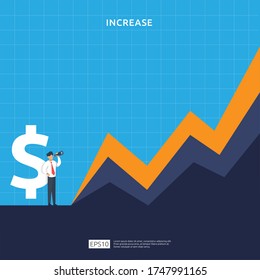 Finance performance concept. business profit increase with growth up arrow and people character. income salary rate grow margin revenue with dollar symbol. return on investment ROI vector illustration